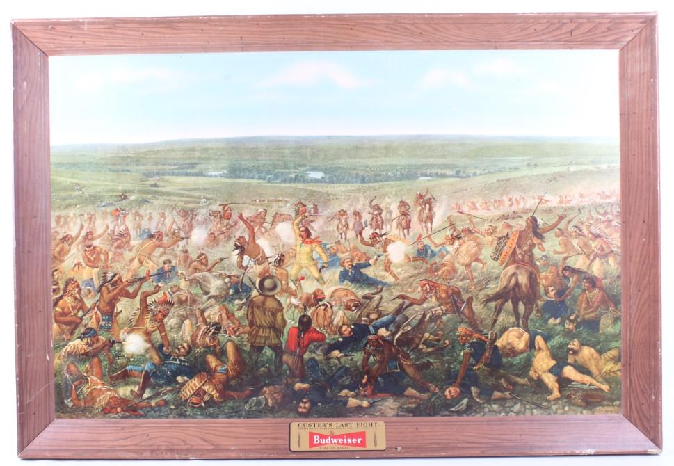 Custer's Last Fight by Anheuser-Busch Framed Print: Included in this lot we have a framed print of "Custer's Last Fight" by Anheuser-Busch. This piece was originally painted by Cassilly Adams in 1884, and prepared for chromolithograph by F. Otto Becker