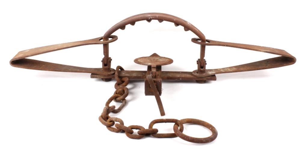 American Fur & Trade HBC No. 6 Grizzly Bear Trap: For your consideration is this American Fur & Trade HBC No. 6 Grizzly Bear Trap. This is a large grizzly bear trap. The pan is marked "American Fur and Trade Company HBC No. 6". The trap features a do