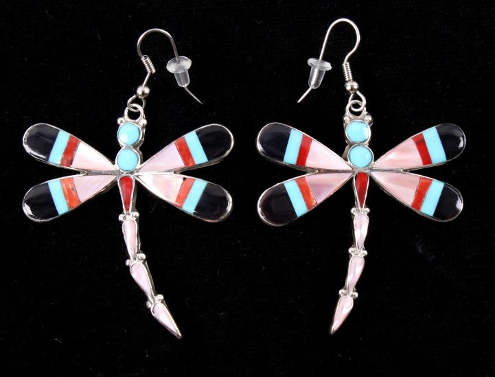 Zuni Mosaic Inlay Multi Stone Sterling Earrings: In this lot is a pair of beautiful Zuni Native American mosaic inlaid dragonfly earrings. These dragonfly earrings are made of a mosaic inlay of turquoise, onyx, mother of pearl, ox blood coral on a s