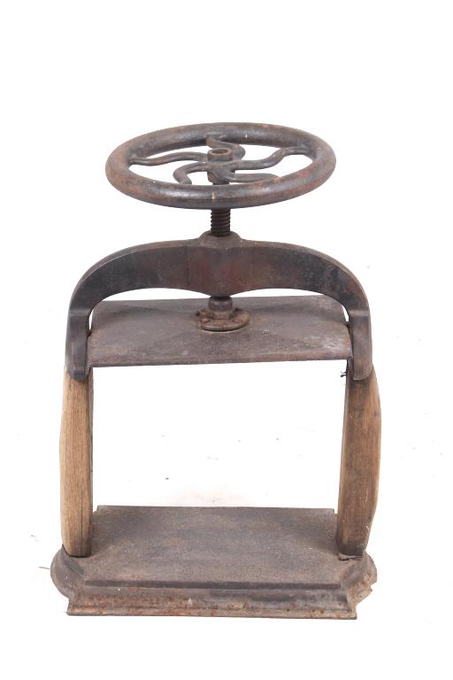 19th Century Iron & Oak Crank Book Press: For your consideration is 19th century iron and oak crank book press. The book press is used for binding and rebinding books by pressing and condensing pages together and keeping them from shifting. T