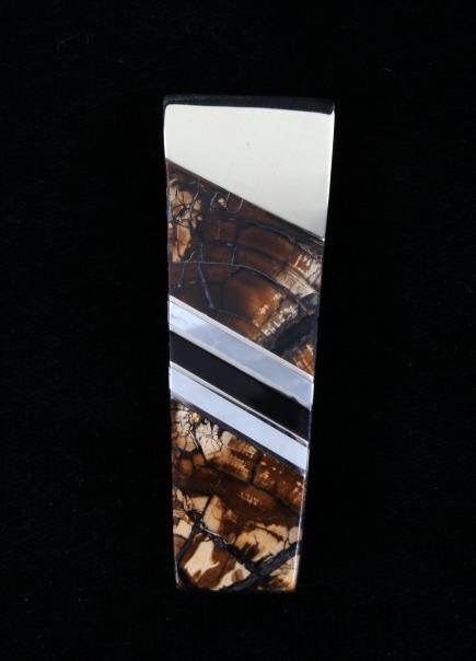 Wooly Mammoth Tusk & Mother of Pearl Money Clip: This is an original handmade money clip showing a premium Wooly Mammoth Tusk inlay. The piece is from Santa Fe Stone-Works and shows exceptional handy work having a polished nickel silver and stainles