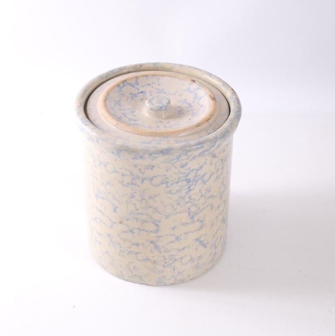 Deer Lodge Prison, MT Blue Sponge Ware 1920-30s: Offered for your bidding pleasure is this early Blue Sponge Ware Butter Crock from Deer Lodge, Montana circa 1920s - 1930's. This butter crock features a rare blue sponge ware coloration. The lid boas