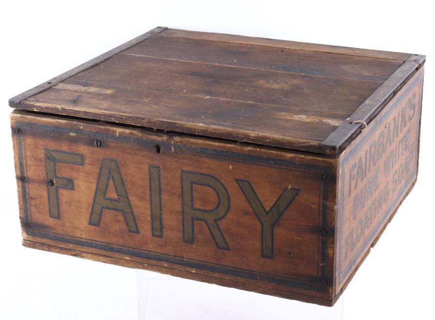 Late 1800's Wooden Fairy Fairbanks Soap Box Crate: Available in this lot we have a wooden Fairy Fairbank's Pure White Soap box originating from the late 1800's. The box displays wooden construction with metal reinforcing bands across the top. The fron