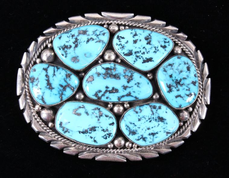 Navajo Kingman Turquoise Buckle by M. Spencer: The lot features a fantastic heavy sterling silver belt buckle with nice size showing Kingman Turquoise from master Navajo Native American Indian silversmith Mary Ann Spencer. The buckle shows a nice 
