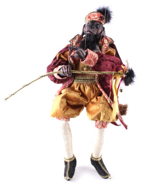Rottweiler Court Jester Marionette Puppet: This is a unique marionette with a Rottweiler dog head. The head is made of a resin and has a slight crack in the back. The hands are human shaped and in one he holds a scepter with ribbons and bells 