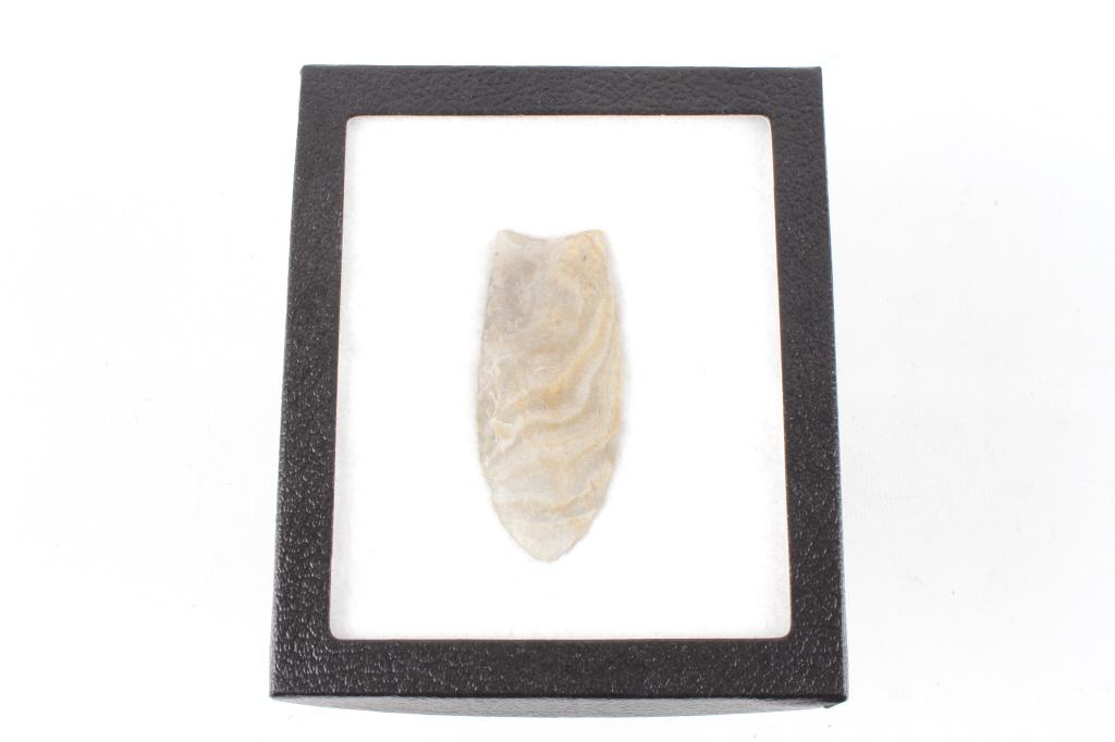 Paleo Fluted Clovis Point 15,000 - 10,000 B.P.: For your consideration is this Paleo Fluted Clovis Point and is aged at 15,000 - 10,000 B.P. This a large triangular lanceolate point showing concurve sides and quarter fluted design and a unique vari