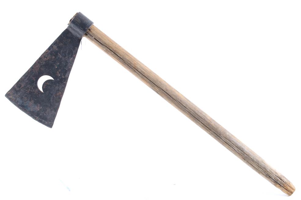 Mandan Missouri War Axe Tomahawk c. 1800: Offered for public sale in this lot is a rare and important Missouri War Axe Tomahawk, dating to circa 1800, from the Cyrus Eaton Collection from London, England. The tomahawk axe head shows the typic