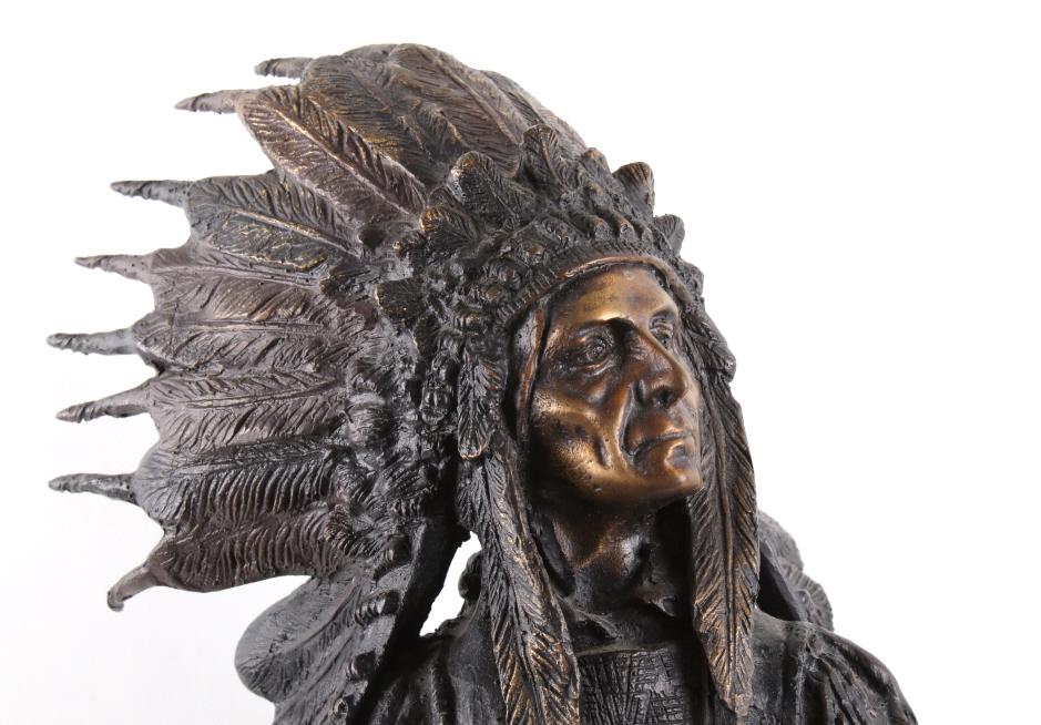 Carl Kauba "War" Indian Chief Bronze Sculpture: Featured in this lot is a Carl Kauba, Bronze Indian Chief statue titled "War". Carl Kauba (1865-1922) was born in Vienna, Austria and is known for his bronze sculptures of Native Americans. Carl was a