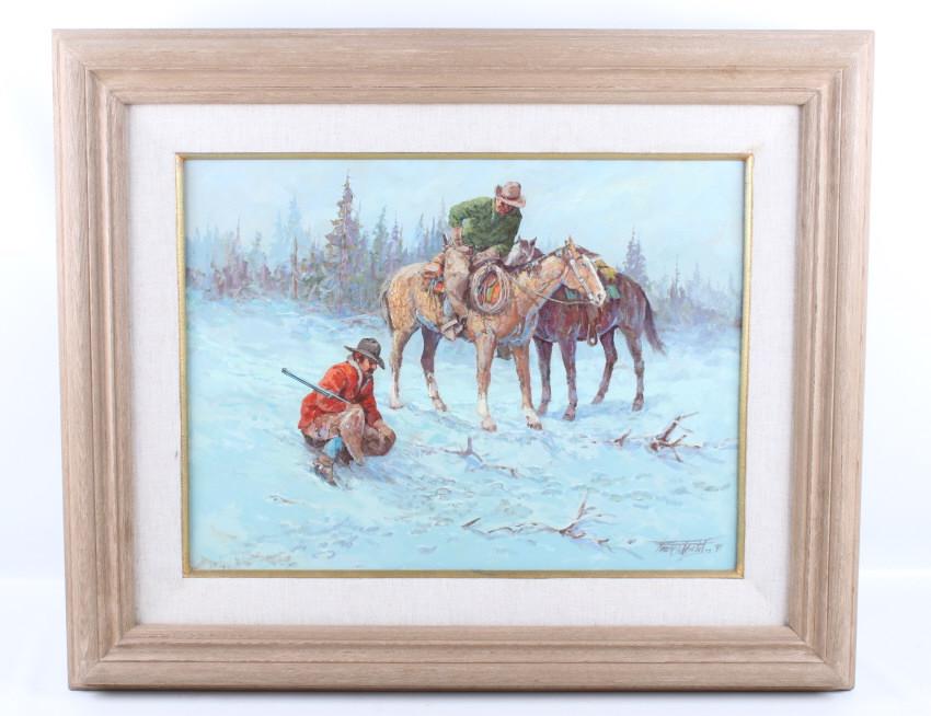 Fred Oldfield Trackers Original Oil Framed Art: Featured in this lot is a Fred Oldfield, original, framed oil painting of Trackers. Fred Oldfield (1918-2007) was an American cowboy and painter known for his painting of cowboys. The painting depicts