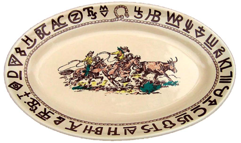 Westward Ho Rodeo Large Oval Serving Platter: This is a grand, large oval serving platter with beautiful Westward Ho Rodeo True West pattern, the very same as seen on the hit television show with Paramount, “Yellowstone”. The lot contains a s