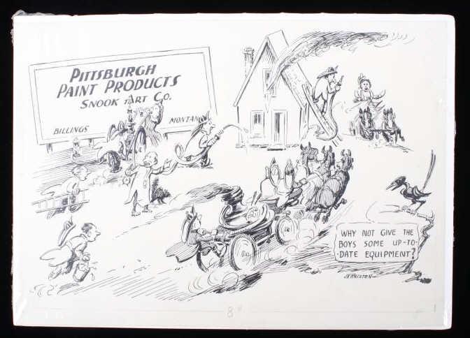 JK Ralston (1896-1987) Snook Art Original Drawing: This is an original and scarce, James Kenneth Ralston, pen and ink cartoon, advertisement drawing for Snook Art Co. Billings, Montana and dating to circa 1930-1940’s. J.K. Ralston (American 1896-198