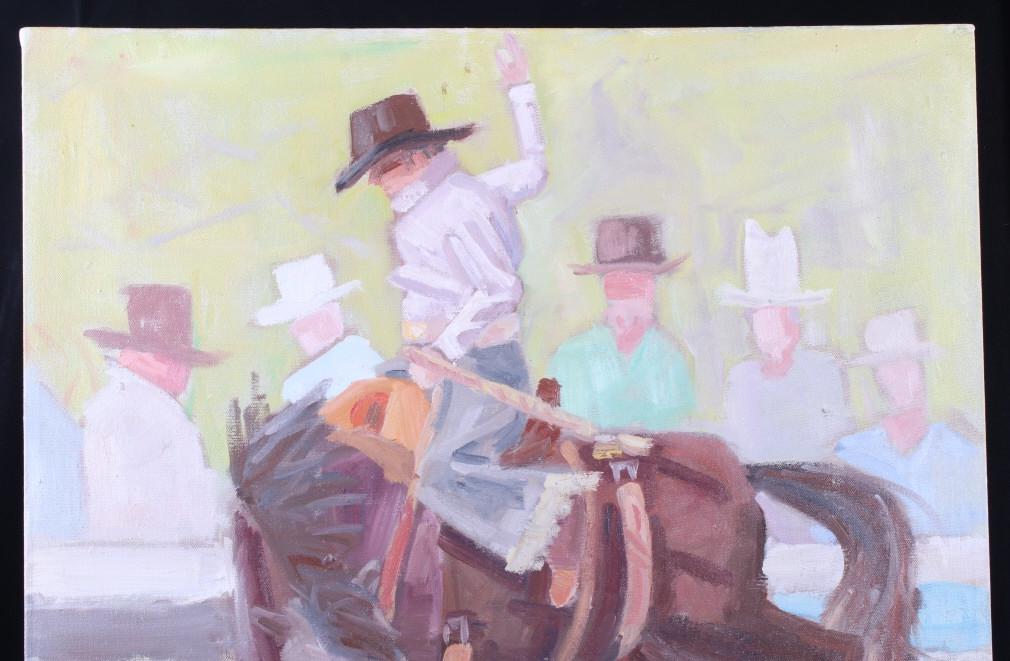 Bucking Bronco Signed Oil Painting on Canvas: Featured in this lot is a signed, cowboy and bucking bronco, oil-on-canvas painting. The art displays an oil painting of a cowboy on the back of a bucking bronco in a rodeo arena. The painting display