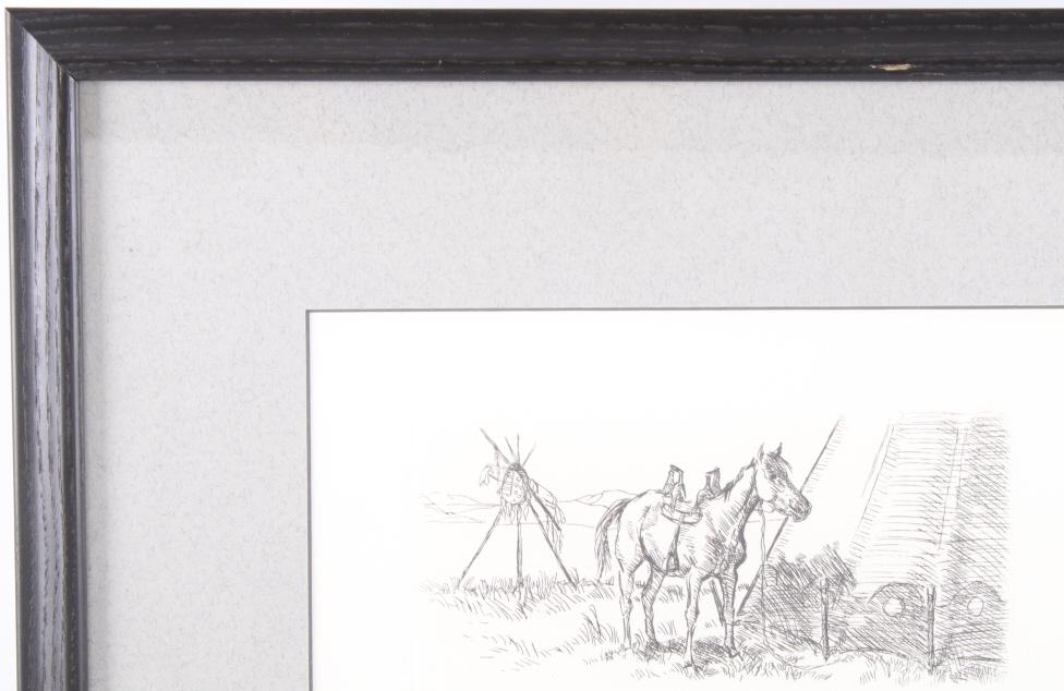 Nancy McLaughlin Powell (1932-1985) Etching: For your consideration is this etching by Nancy McLaughlin Powell (1932-1985). The etching shows a horse saddled with a Native American saddle outside of a teepee, with a spear and shield stack in the