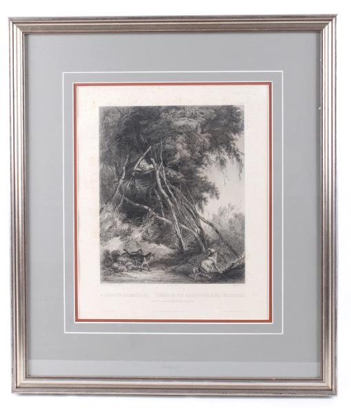 Karl Bodmer Tombs of Assiniboin Indians on Trees: Included in this lot is a framed, Karl Bodmer mixed media art, "Tombs of Assiniboin Indians on Trees". This piece displays a raised Indian tomb on a platform made of lashed trees, with dogs looking up