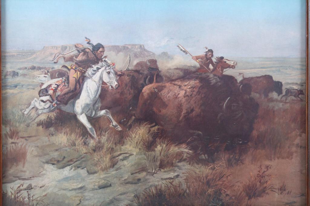 Charles M. Russell "Land of Good Hunting" Print: Included in this lot is a framed, Charles M. Russell buffalo hunt print, titled "Land of Good Hunting". Charles Marion Russell (March 19, 1864 – October 24, 1926), also known as C. M. Russell, Charl
