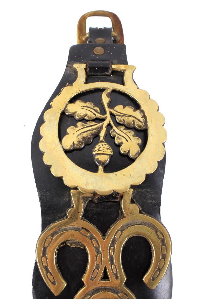 Brass & Leather Saddle Ornament circa 1930's: For your consideration is this brass and leather saddle ornament, circa 1930's. This is one large saddle ornament, with four brass medallions adorning the ornament and a brass buckle. The first medall