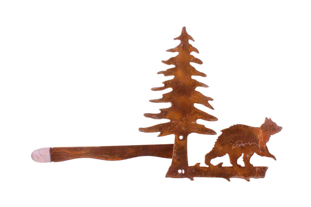 Rustic Metal Art Towel Bars & Switch Covers: In this lot is a collection of metal silhouette art, household fixtures. The lot consists of a large and small towel holder and three switch covers. The large towel holder is 31 1/2" wide X 9 3/4 tall