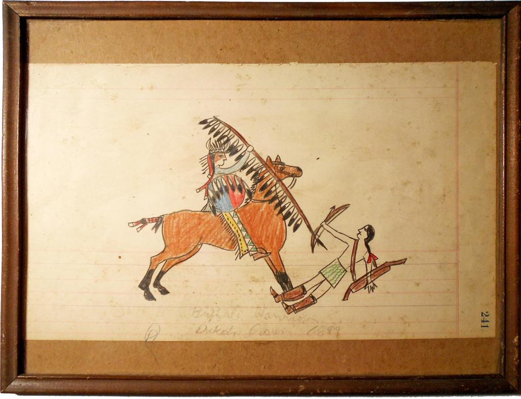 Rare Buffalo Warrior Dakota Sioux Ledger Art c1899: This is an important and unique piece of 19th Century Sioux Ledger Art. The piece is signed “Buffalo Warrior Dakota Sioux 1899” and features a warrior wearing a Buffalo Horn Headdress with beaded