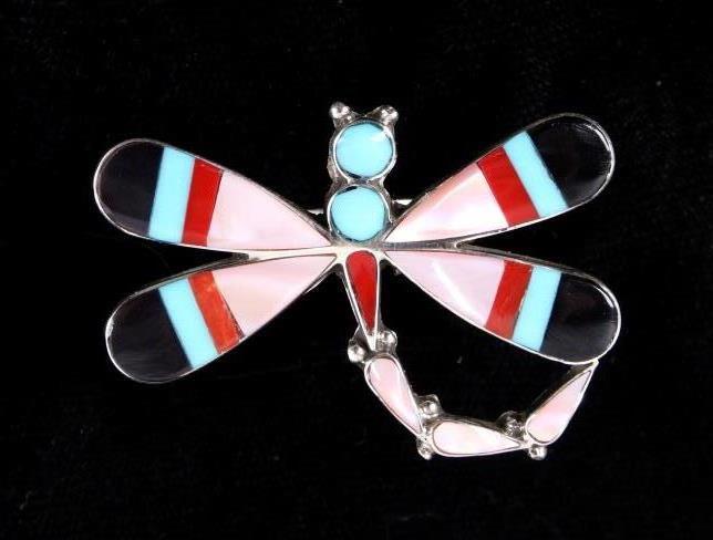 Zuni Mosaic Inlay Multi Stone Sterling Silver Ring: In this lot is a beautiful Zuni Native American mosaic inlaid dragonfly ring. This dragonfly ring is made of a mosaic of inlayed turquoise, onyx, mother of pearl, ox blood coral on a sterling silver b