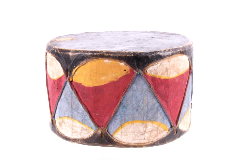 Cochiti Polychrome Painted Wood & Rawhide Drum: For your consideration is this fantastic Cochiti Pueblo Native American Indian, polychrome painted wood and rawhide or parfleche ceremonial drum. The drum shows a wood frame with wetted and stretched 