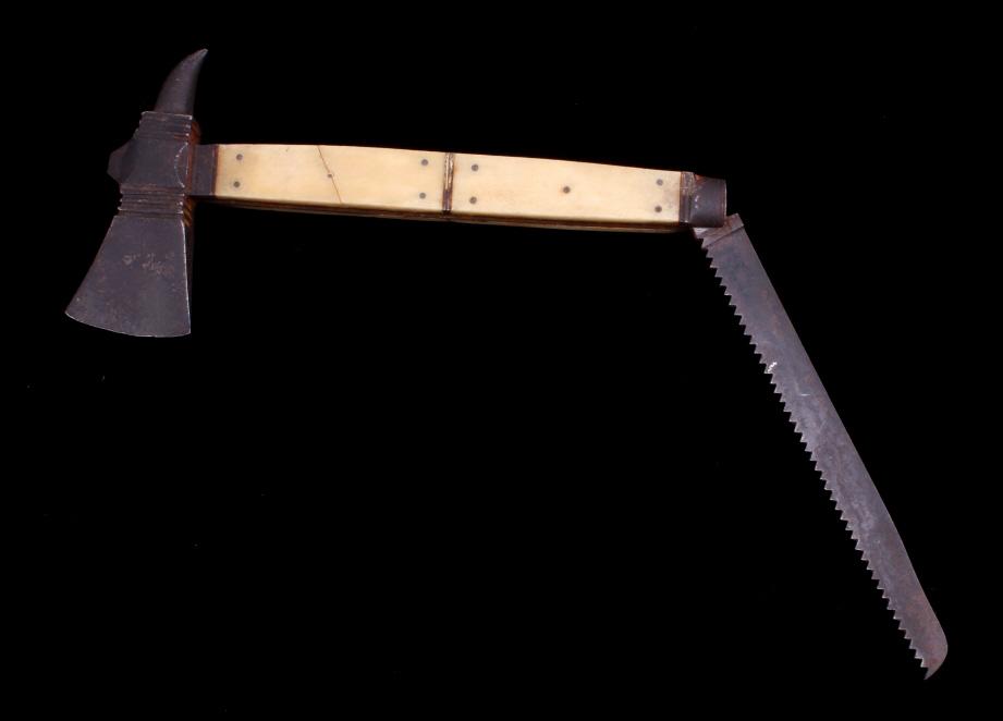 Fur Trade Hunting Hawk Bone Handle Axe & Saw: For your consideration is this fur trade, hunting hawk bone handle axe and saw. The axe head has a hawk beak spike on the other end and a full tang hatchet; it is extremely sturdy. The saw blade exten