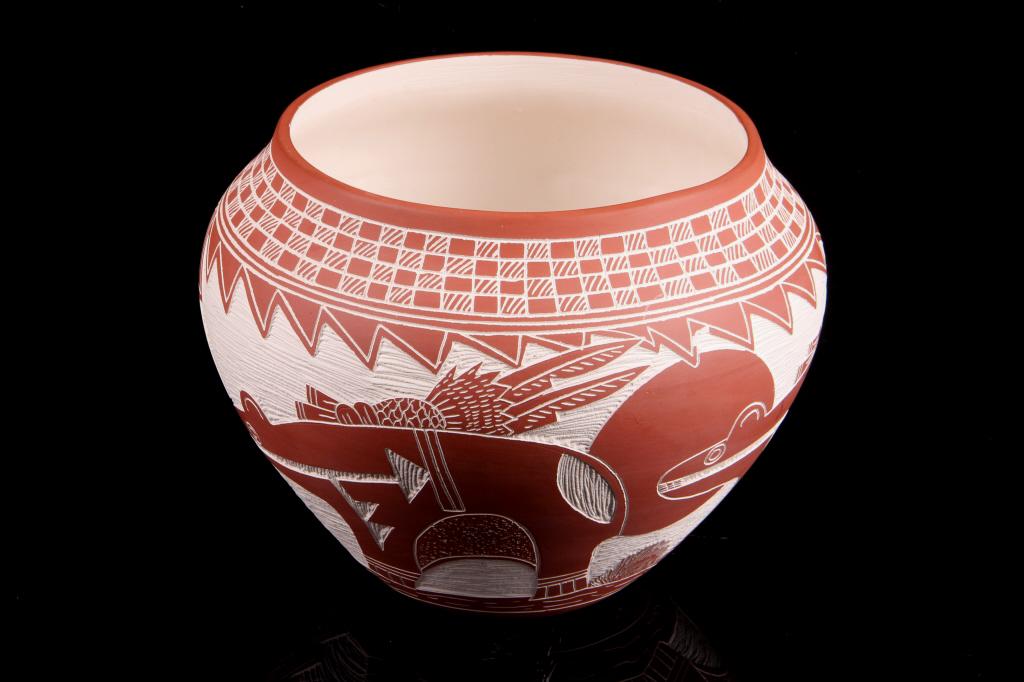 Acoma Pueblo Pottery by M. Romero New Mexico: For your consideration is this Acoma Pueblo pottery by M. Romero from New Mexico. This is a wonderfully crafted pottery vessel, showing tooled bears to the walls of the vessel with a floral decoration