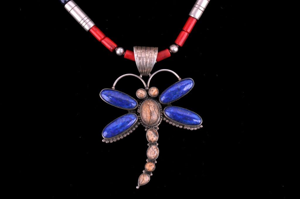 Dan Dobson Silver Multi-stone Dragonfly Necklace: For your consideration is this Dan Dobson sterling silver, multi-stone dragonfly necklace. The pendant is a signed sterling silver, lapis, and jasper dragonfly. There is small sterling beading surroun