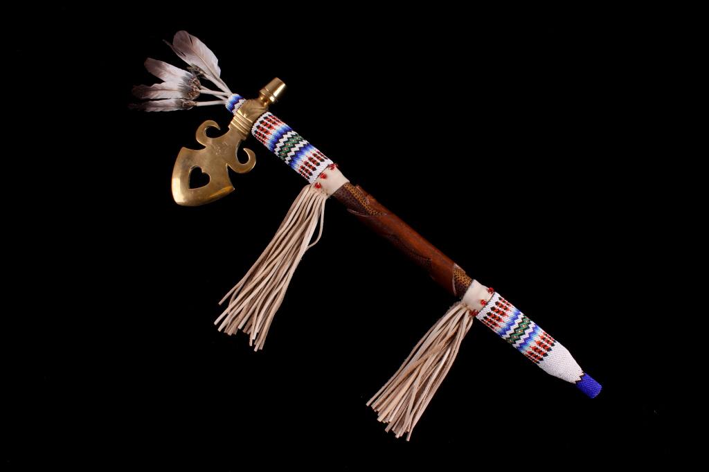Plains Indian Style Spontoon Pipe Tomahawk: For your consideration is a contemporary, Plains Indian, spontoon style pipe tomahawk. The bowl and blade are made from a solid piece of brass with a heart cut out and in style of basal processes. The