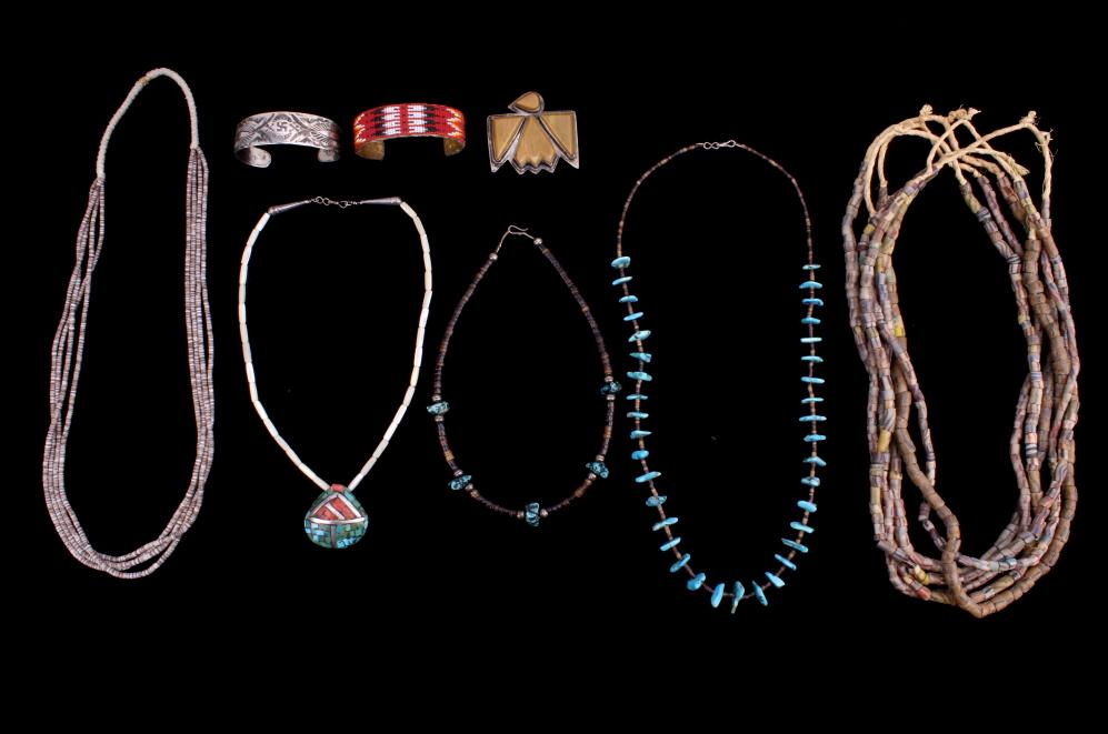 Collection of Navajo Bracelets & Necklaces: For your consideration is this collection of Navajo bracelets and necklaces. There are 13 pieces of jewelry in this collection. The first is a collection of Venetian striped trade bead necklaces, show