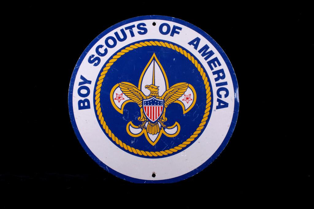 Boy Scouts of America Circular Metal Sign: Included in this lot is a Boy Scouts of American circular metal sign. This sign features the classic Boy Scout emblem, "Fleur-de-Lis", with the Eagle and shield in the center and the two stars on the 