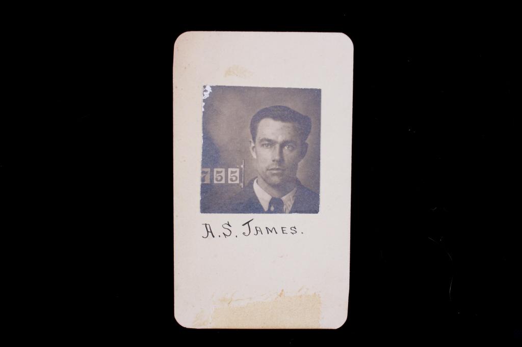 A.S. James Rawlins Wyoming Prison Reward Card 1903: For your consideration is an original Rawlins, Wyoming prison reward identification card for A.S. James, 1903. This unique identification card shows an original photograph of A.S. James on the front o