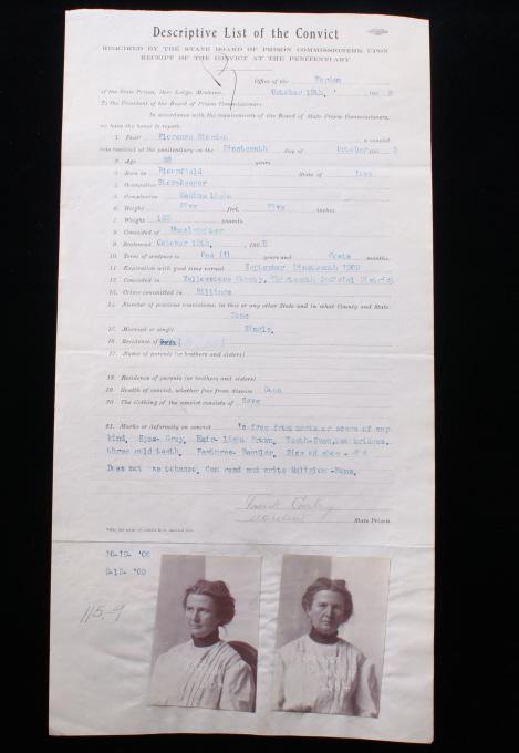 1908 Deer Lodge Montana Prison Intake Form: This is an original intake document from the Montana State Prison in Deer Lodge from October 19th, 1908. The document was created when the convict was received at the prison. The document lists the pr