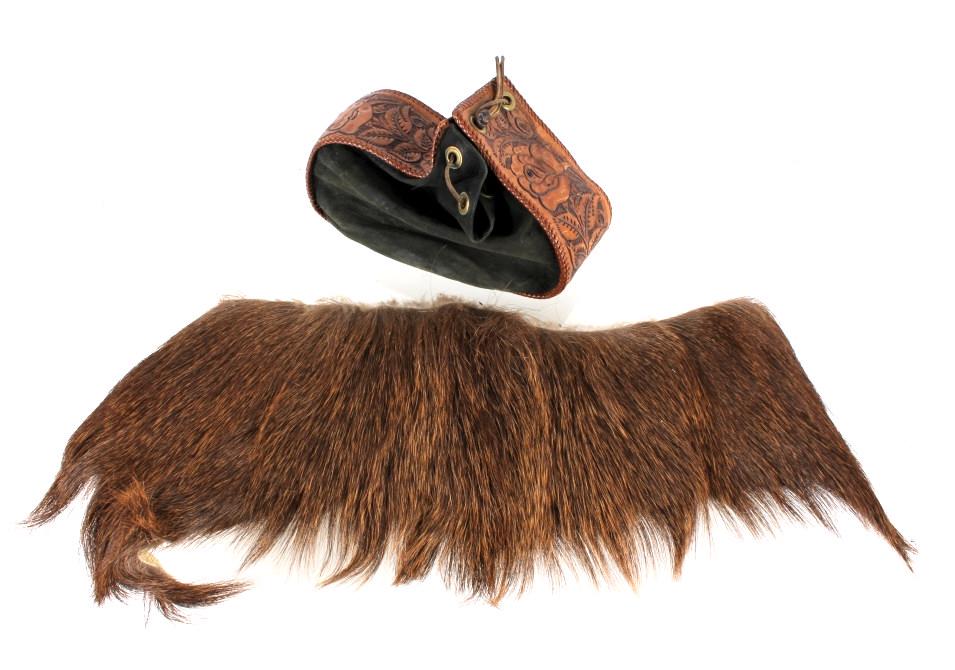 Tooled Leather & Hide Bag w/ Montana Elk Hide: For your consideration is this tooled leather and hide bag with a slip of Montana elk hide. This is a wonderfully crafted bag with a tooled and braided leather strip stitched to a hide bag with a leat