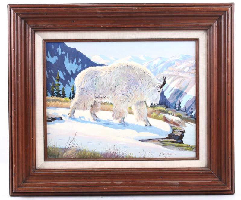 Elmer Sprunger Mountain Goat Painting (1919-2007): Featured in this lot is an original Elmer Sprunger, mountain goat, oil-on-canvas painting. Elmer Sprunger (1919-2007) was a Montana artist known for his depictions of wild life. This painting displays