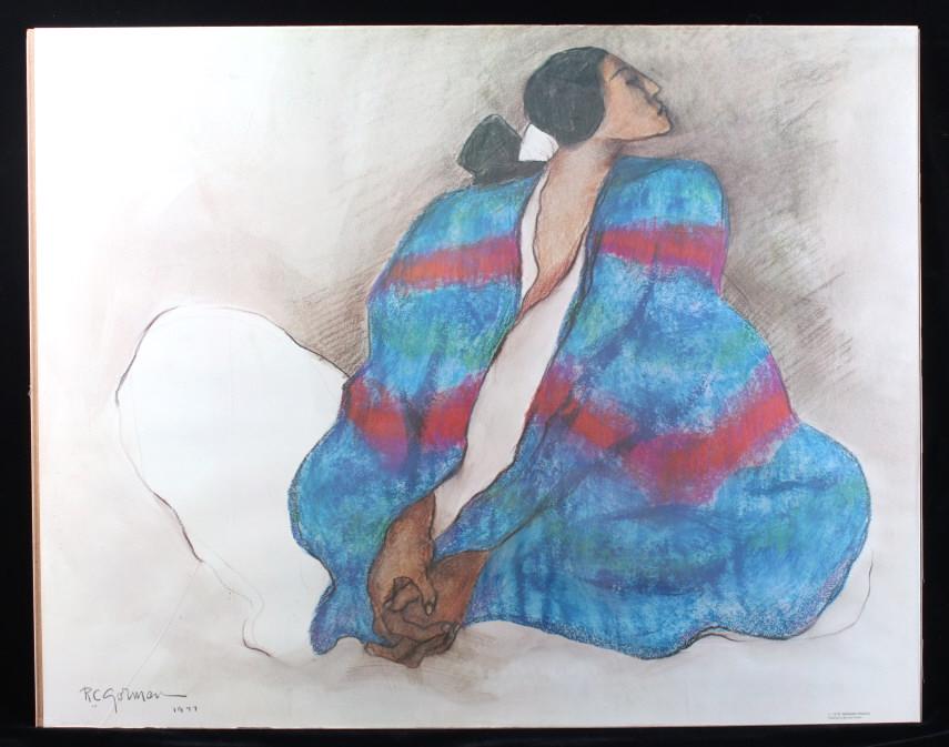 R. C. Gorman Navajo Woman In Blanket Print: Included in this lot is a R. C. Gorman Navajo Native American in a striped blanket. Rupolph Carl Gorman (1931- 2005) was a Native American artist and sculptor known for his depictions of Native Americ
