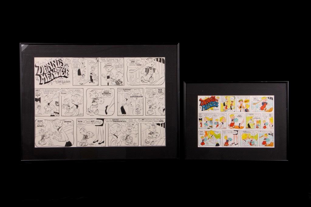 Pair of Proofs of Dennis The Menace Comic 1974: Offered in this lot are rare, original, framed black and white and color proofs of the “Dennis the Menace” comic strip. This is a 1974 color proof with production color notes intact and the larger