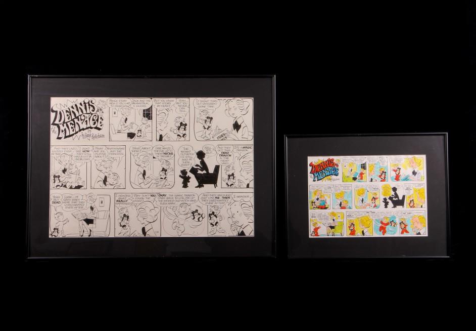 Pair of Proofs of Dennis The Menace Comic 1975: Offered in this lot is a rare set of original proofs, one black and white and one color, of the “Dennis the Menace” comic strip. This is a 1975 color proof with production color notes intact and t