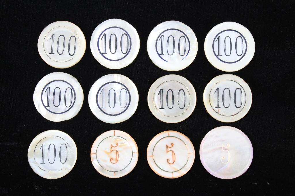 Early 1900's Mother of Pearl Poker Chip Collection: Featured in this lot is a collection of mother of pearl poker chips originating from the late 1800's to 1900's. The collection consists of twelve poker chips, including nine "100" chips and three "5" 