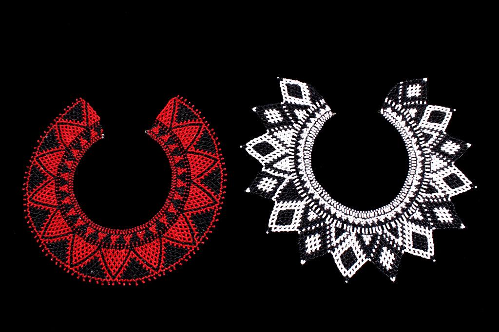 Fully Beaded Gorget Pair circa Mid 1900's: For your consideration is this style, fully beaded gorget pair, circa early 1900's. These gorgets are beaded with trade seed beads, showing colors of chalk white, black, and dark red. The gorgets show