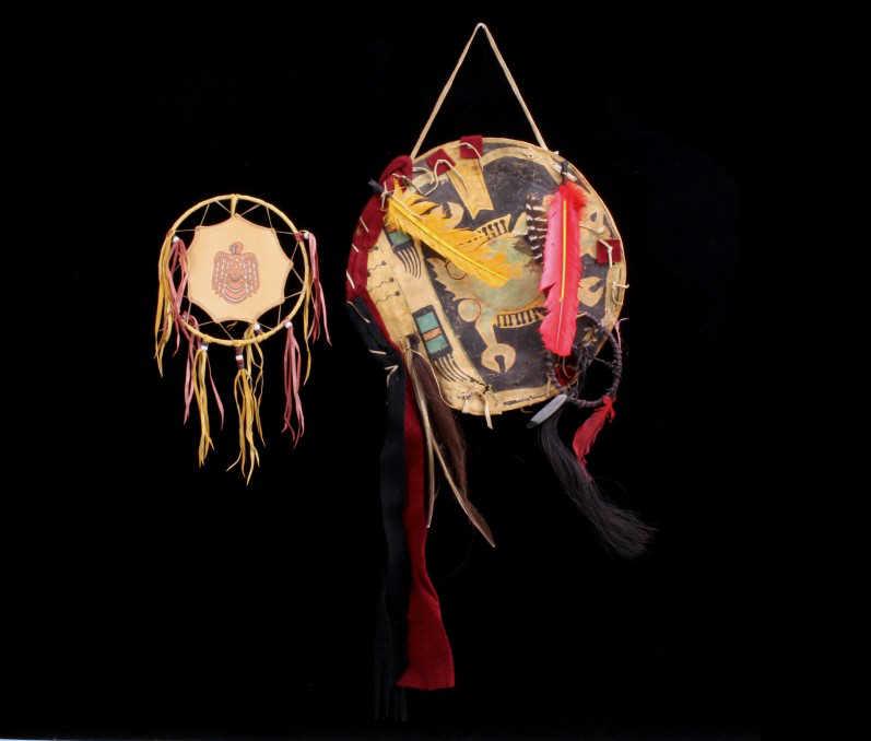 Sioux Indian Parfleche Ghost Shield & Dreamcatcher: For your consideration is this Sioux Indians style Parfleche, "Ghost Dance" ceremonial shield. The shield shows a Parfleche hide construction with polychrome decoration, a spirit turtle shown on the f