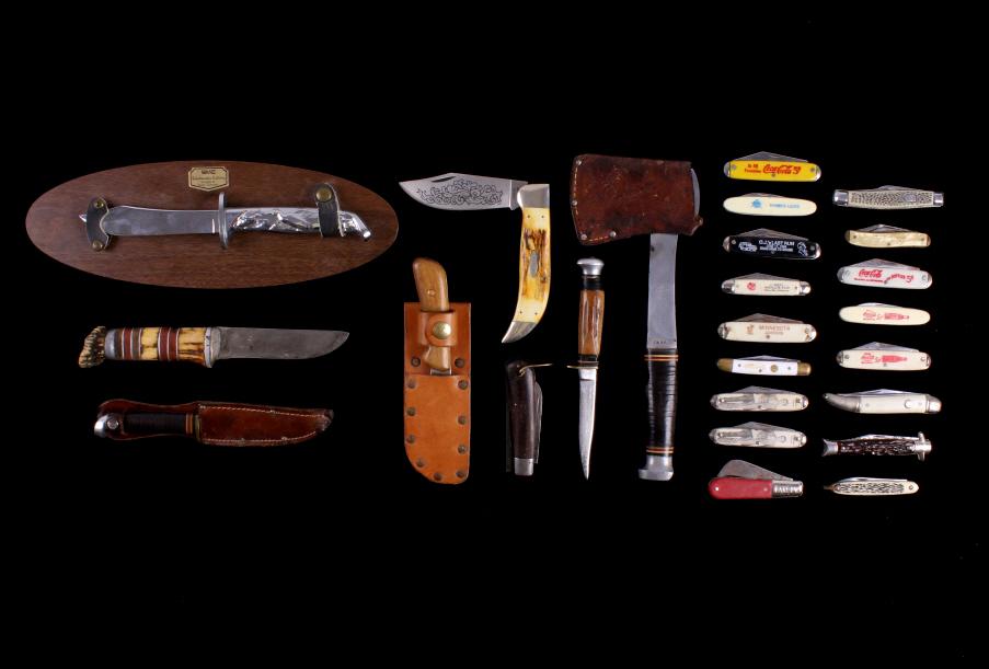 Assorted Fixed Blade/ Folding Knives & Hatchet: For your consideration is this assorted collection of fixed blade, folding knives, and hatchet. There are 24 knives in this collection, with 19 folding knives and five fixed blades. One notable fixed