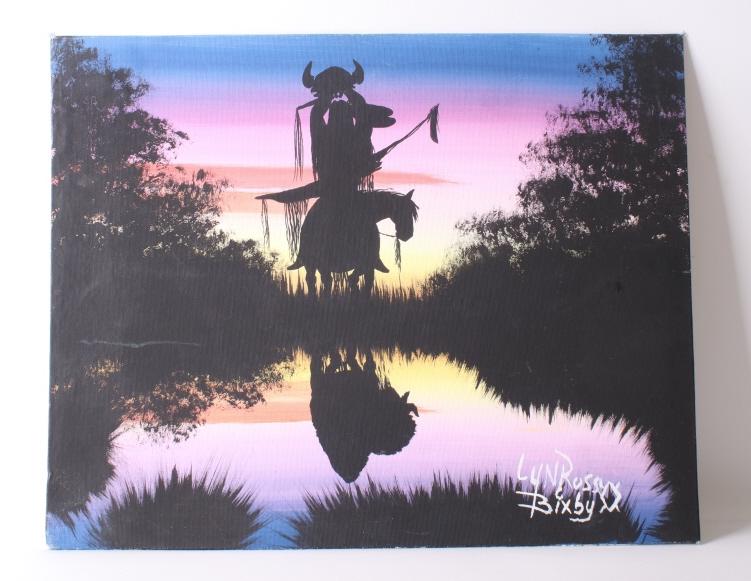 Original Signed Lyn Ross Bixby Oil Painting: Featured in this lot is a signed original Lyn Ross Bixby oil painting of an American Indian brave and reflection. The painting displays the silhouette of a Native American Indian brave on horseback an