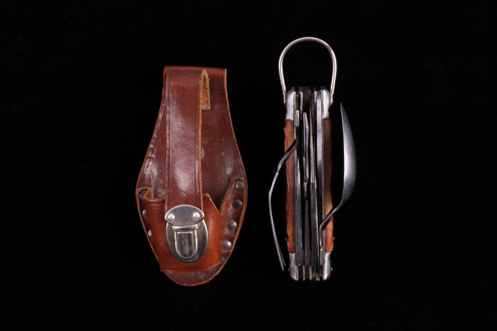 Vintage Multi Tool Hobo Knife With Case: In this lot is a Multi Tool Hobo Knife with leather case. This is like one of the things that the US ordered and bought from Japan after the war to help re-build their manufacturing infrastructure. Th