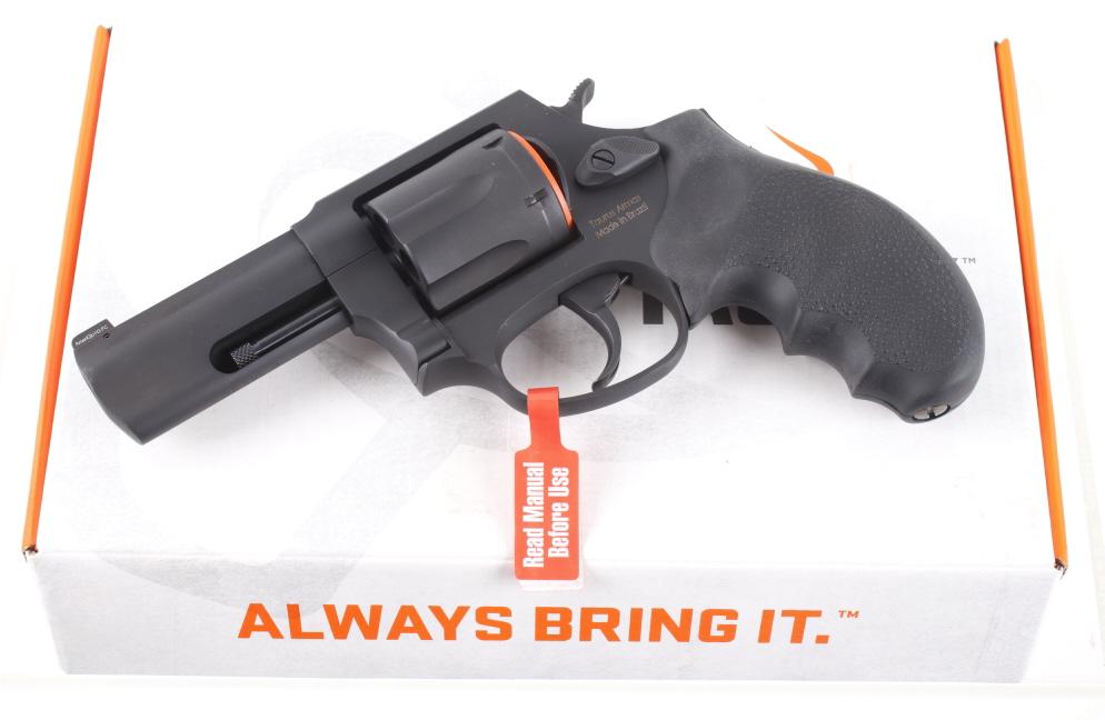 Taurus Model 856 38 Special Double Action Revolver: Featured in this lot is a Taurus model 856 double action revolver chambered in .38 special. This revolver features a 3" barrel, six shot cylinder, hard rubber grips, and matte black finish. The left s