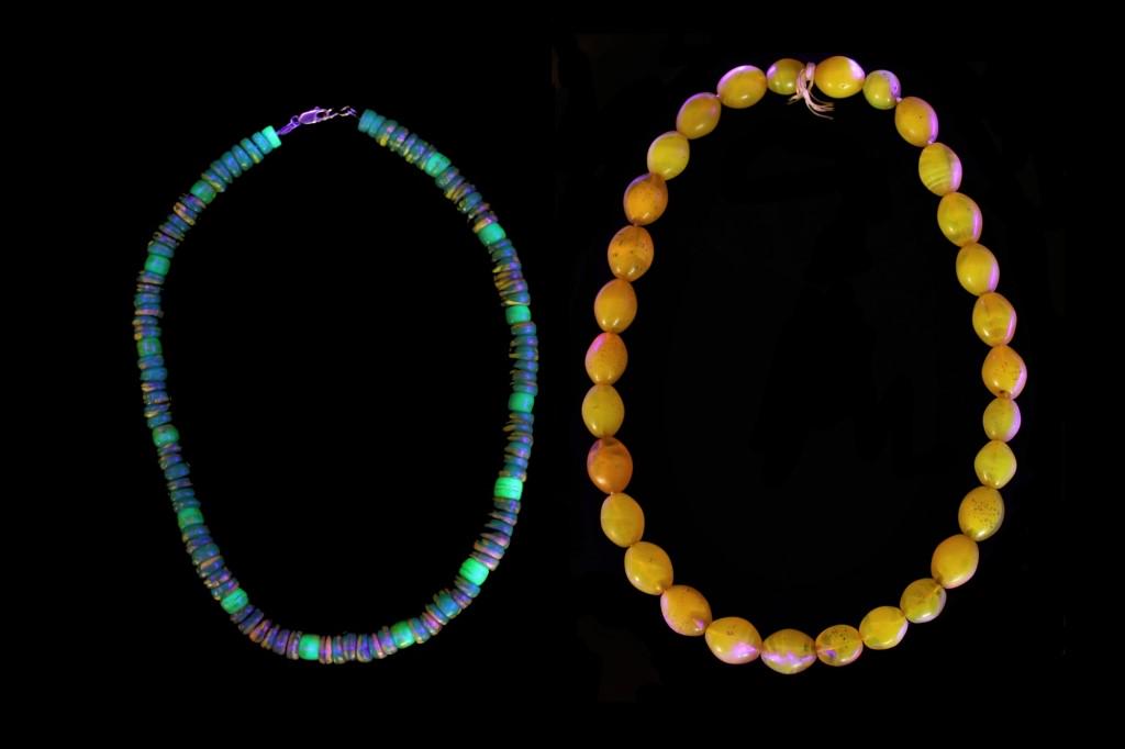 Dutch Vaseline Fluorescence Trade Bead Necklaces: Offered in this lot are two necklaces of Dutch Vaseline fluorescence trade beads. Dating back to as early as 1830, Vaseline beads were originally attractive, greenish-yellow glass beads whose pretty c