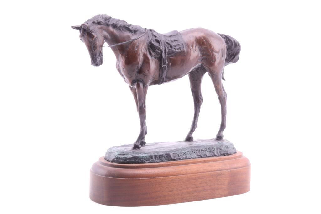 Dwyer, Anna "The Thoroughbred" Limited Ed. Bronze: Featured in this lot is this limited edition bronze called "The Thoroughbred" by Montana artist Anna Dwyer. The bronze shows a thoroughbred saddled for the race track. The bronze shows the title on th