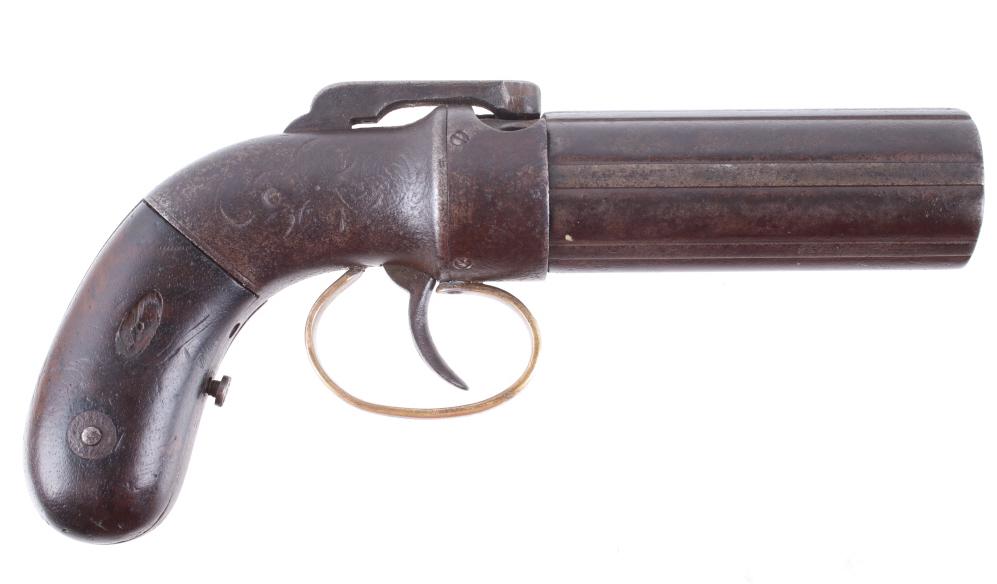 Engraved Allen & Thurber Percussion Pepper Box: Factory Engraved Allen & Thurber six shot percussion “Pepperbox” revolving pistol, .32 caliber with 4” early style ribbed barrels. This is the medium size Allen Pepperbox that found favor as bot