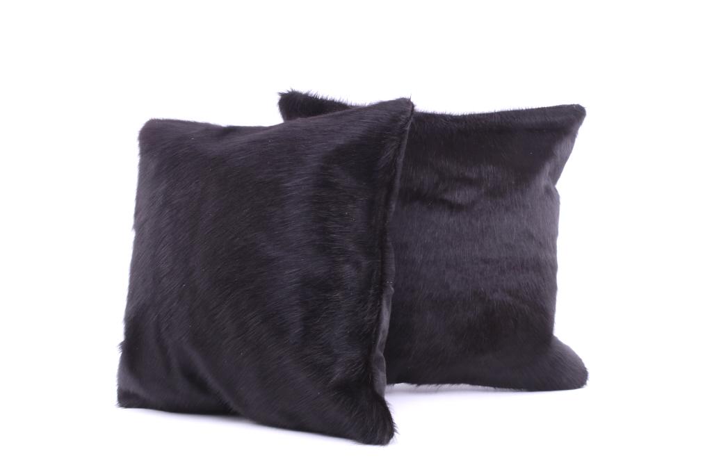 Natural Black Angus Cowhide Premium Two Pillows: This is an excellent, premium cowhide set of two pillows with beautiful, natural Black Angus-solid black coloration. The natural black design, with good texture, bold color, and texturing that is trad