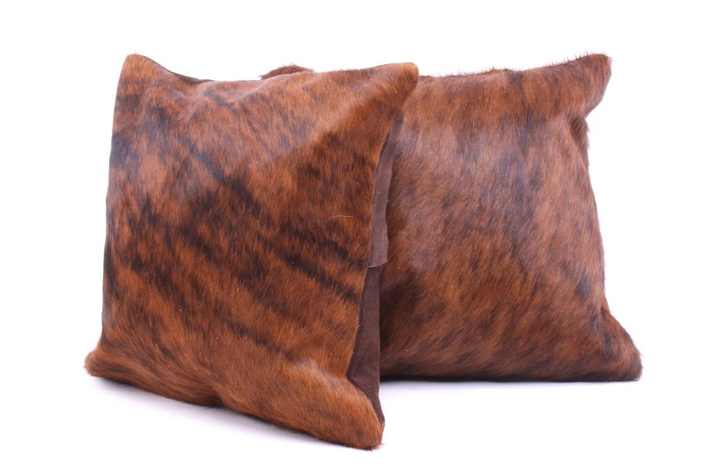 Brindle Brown & Black Cowhide Premium Two Pillows: This is an excellent, premium cowhide set of two pillows with beautiful, natural brindle, brown and black coloring. The natural brindle design, with good texture, bold color, and iconic "Tiger Stripe/