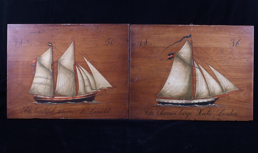 19th Century B Darte F Conz Sailing Ship Paintings: Featured in this lot is a pair of B. D'Arte F. Conz sailing ship paintings originating from the 19th century. The pieces display masted sailing ships painted across wood boards. The first ship display